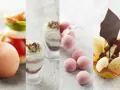 Une quenelle de glace rose pâle, des verrines de yaourt et granola, des boules roses et un dessert banane chocolat.