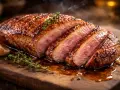 Un magret de canard au four, tranché, avec une croûte dorée et une chair rosée, servi sur une planche en bois avec du thym et de l'ail.