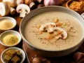 Un réconfortant velouté de champignon, garni de fines tranches et de croquant. Autour, des ingrédients frais et des cubes de bouillon promettent une saveur intense.