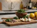 Gousses d'ail, oignons rouges, persil, citrons et bol de persil haché sur des planches à découper.