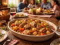 Un plat de ragout de porc mijoté avec des pommes de terre et des carottes, servi dans un plat ovale sur une table en bois, avec des convives en arrière-plan.