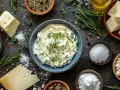 Un bol de sauce au bleu crémeuse, garnie d'aneth frais, entouré d'ingrédients pour une recette savoureuse : fromage, beurre, sel, poivre et herbes.