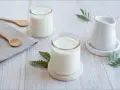 Deux pots de yaourt, une petite cruche et des cuillères en bois sur une table. La couleur blanche du lait, pourquoi est-il si pur ?