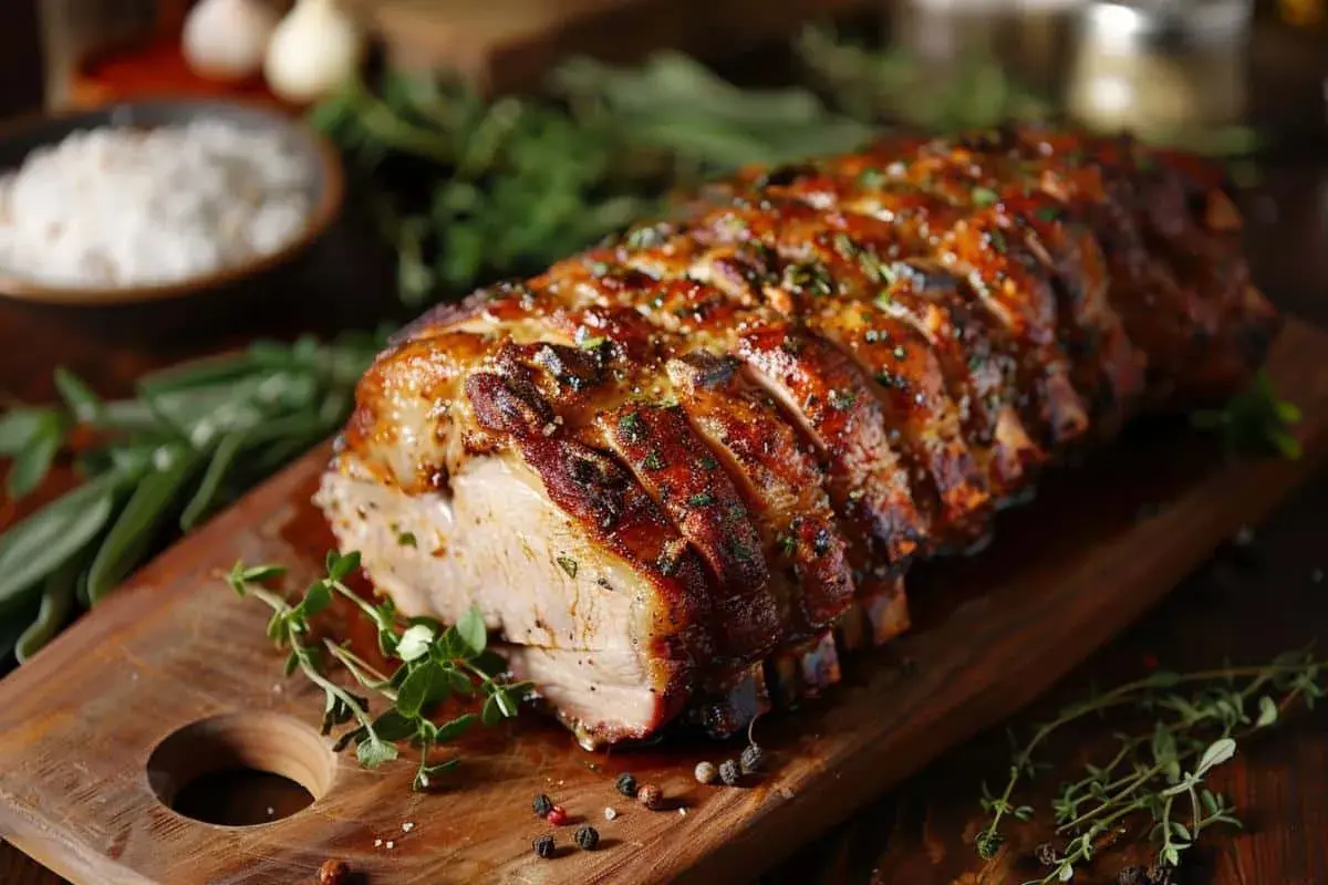 Un rôti de porc savoureux, tranché et garni d'herbes, prêt à être dégusté. Le temps de cuisson d'un rôti de porc est crucial pour sa tendreté.