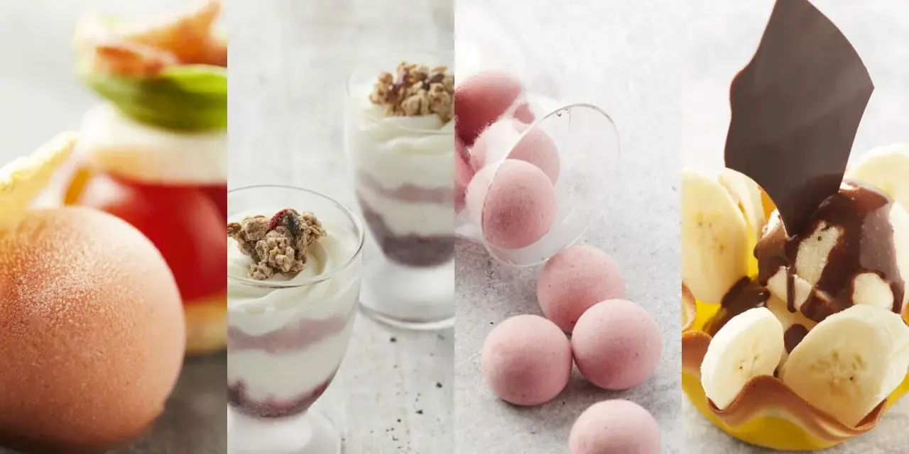 Une quenelle de glace rose pâle, des verrines de yaourt et granola, des boules roses et un dessert banane chocolat.