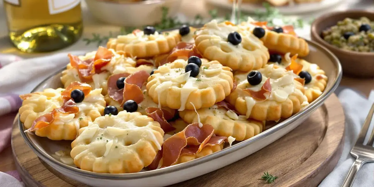 Plate of cookies salés originaux topped with cheese, prosciutto and olives, served with white wine.