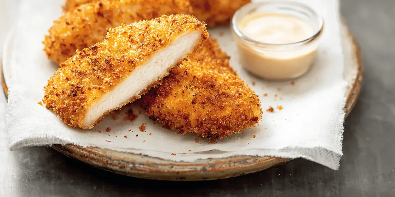 Délicieux poulet pané croustillant, coupé en deux pour montrer sa tendreté, servi avec une sauce crémeuse.
