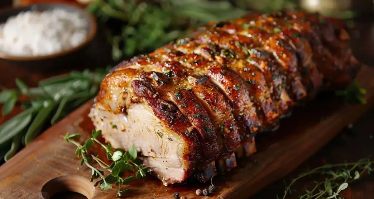 Un rôti de porc savoureux, tranché et garni d'herbes, prêt à être dégusté. Le temps de cuisson d'un rôti de porc est crucial pour sa tendreté.