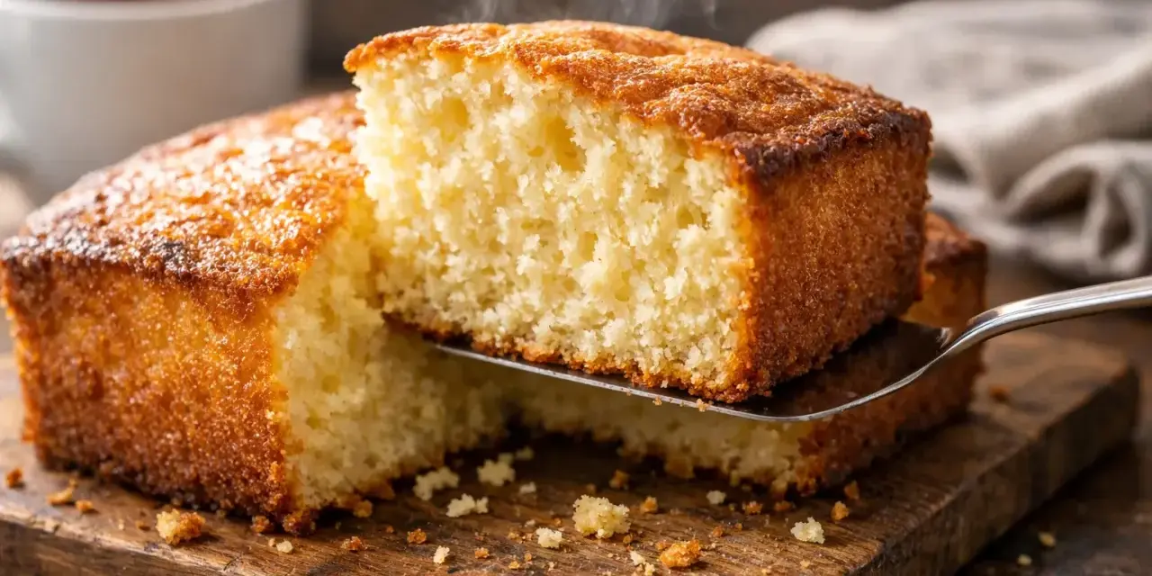Un délicieux gâteau nature, encore chaud, est servi sur une planche en bois. La vapeur s'en dégage, invitant à la dégustation.