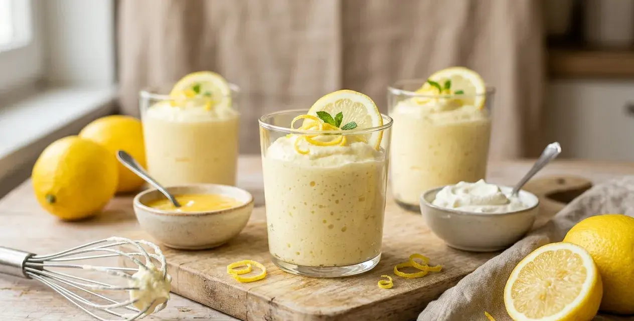 Trois verres de mousse au citron, décorés de rondelles de citron et de menthe. Des citrons frais, un fouet et des petits bols complètent cette scène gourmande.