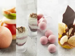 Une quenelle de glace rose pâle, des verrines de yaourt et granola, des boules roses et un dessert banane chocolat.