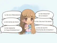 Une jeune fille boit du lait, entourée de bulles de dialogue affirmant que le lait pasteurisé c'est quoi, qu'il est inflammatoire, donne de l'acné, est pour les veaux, et plein d'hormones.