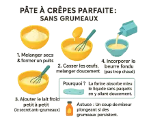 Recette crêpe 2 œufs : mélangez les ingrédients secs, ajoutez les œufs, puis le lait froid petit à petit. Incorporez le beurre fondu.