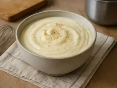 Bol de béchamel onctueuse saupoudré de poivre, avec un fouet et une planche en bois en arrière-plan.