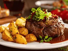 Un plat appétissant de filet mignon de porc, accompagné de pommes de terre rôties et d'une sauce riche. Parfait pour des recettes de filet mignon de porc.