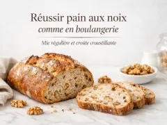 Un pain aux noix artisanal, tranché, avec une mie aérée et une croûte dorée. Des noix parsèment la mie et quelques-unes sont disposées autour.