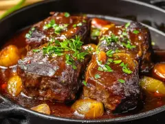Quatre morceaux de joue de bœuf braisée, tendres et juteux, mijotent dans une sauce riche avec des oignons caramélisés et des herbes fraîches.