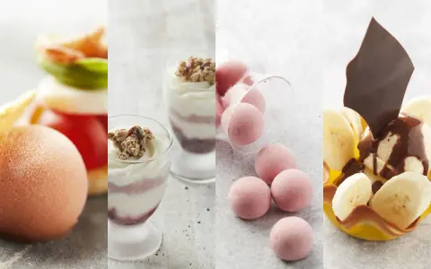 Une quenelle de glace rose pâle, des verrines de yaourt et granola, des boules roses et un dessert banane chocolat.