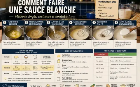 Étapes pour faire une sauce blanche onctueuse : faire fondre le beurre, ajouter la farine, puis le lait. Assaisonner à la fin.