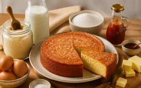 Un délicieux gâteau de semoule, doré et moelleux, entouré d'ingrédients frais : œufs, lait, sucre, beurre et une touche de sirop.