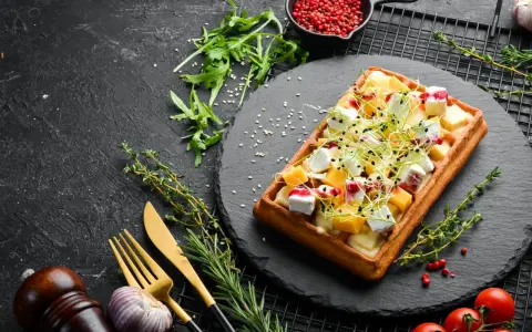 Gaufre rectangulaire garnie de dés de fromage, de fruits et de pousses, servie sur une ardoise. Une délicieuse pâte à gaufre salée prête à être dégustée.
