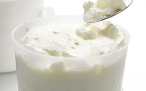 Cuillère de fromage blanc crémeux, prêt à être dégusté. La différence faisselle et fromage blanc réside dans leur texture.