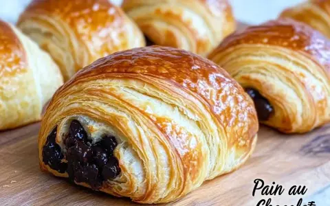 Un délicieux pain au chocolat, feuilleté et doré, avec une garniture au chocolat fondant. Parfait pour le petit-déjeuner.