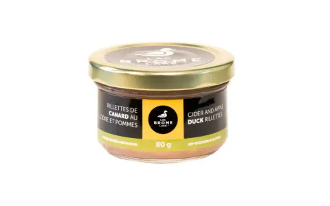 Un pot de rillettes de canard au cidre et pommes, 80g. Parfait pour un apéritif gourmand.