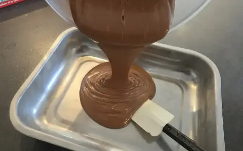 Comment faire une ganache : du chocolat fondu coule d'un bol dans un plat, guidé par une spatule.