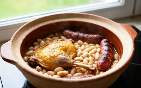 Un plat de cassoulet maison fumant dans une cocotte en terre cuite, avec un confit de canard doré et des saucisses grillées.