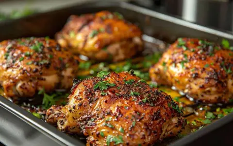 Quatre morceaux de blanc de poulet airfryer dorés et savoureux, parsemés de persil frais, prêts à être dégustés.