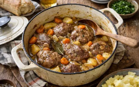 Un plat mijoté de joue de porc au cidre, avec pommes de terre et carottes, servi dans une cocotte en fonte.