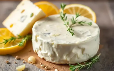 Un délice crémeux : fromage frais ail et fines herbes, garni de romarin frais, avec des tranches de citron et un morceau de fromage bleu en arrière-plan.