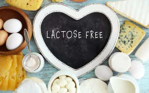 Assortiment de fromages, œufs et yaourt. Un cœur noir indique "LACTOSE FREE", parfait pour un fromage blanc sans lactose.