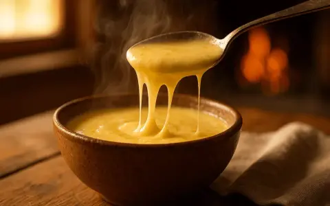 Une cuillère de crème de reblochon fumante s'étire au-dessus d'un bol, devant un feu de cheminée chaleureux.