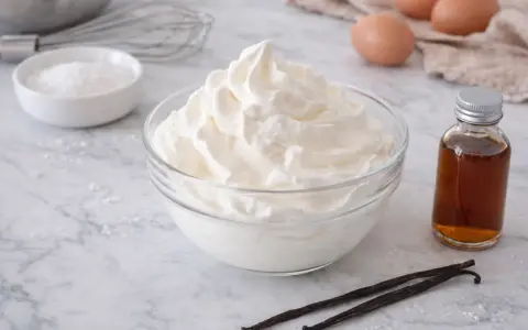 Un bol de chantilly maison aérienne, avec des ingrédients pour la préparer : œufs, vanille, sucre glace et un fouet.