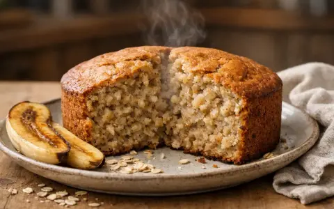 Gâteau moelleux à la banane et flocons d'avoine, encore chaud. Une délicieuse recette pour le petit-déjeuner ou le goûter.