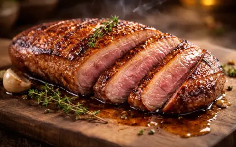 Un magret de canard au four, tranché, avec une croûte dorée et une chair rosée, servi sur une planche en bois avec du thym et de l'ail.