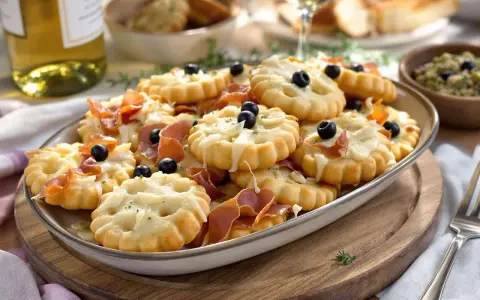 Plate of cookies salés originaux topped with cheese, prosciutto and olives, served with white wine.
