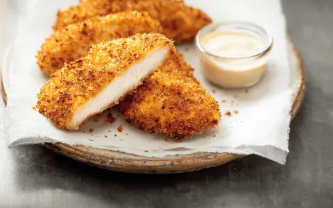 Délicieux poulet pané croustillant, coupé en deux pour montrer sa tendreté, servi avec une sauce crémeuse.