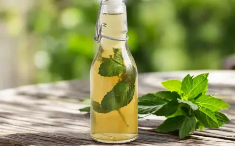 Une bouteille de sirop de menthe maison, avec des feuilles de menthe fraîche à côté, sur une table en bois.