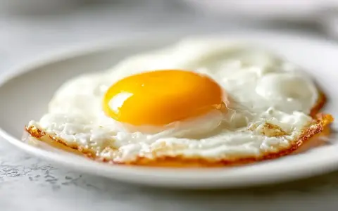 Un œuf au plat parfait, cuit à la perfection dans l'air fryer, avec un jaune d'or éclatant sur un lit de blanc d'œuf aérien.