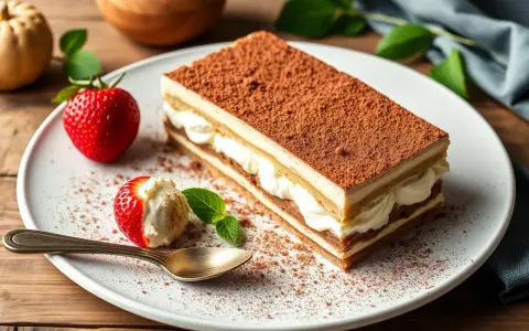 Un délicieux tiramisu, fait avec 500g de mascarpone, garni de cacao et accompagné d'une fraise et d'une cuillère dorée.