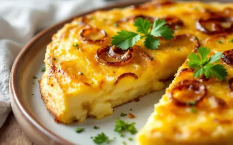 Une part de tortilla au four, dorée et garnie d'oignons caramélisés et de persil frais, sur une assiette.