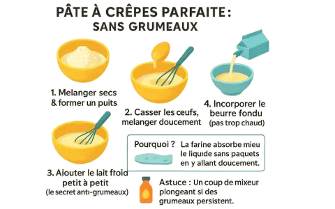 Recette crêpe 2 œufs : mélangez les ingrédients secs, ajoutez les œufs, puis le lait froid petit à petit. Incorporez le beurre fondu.