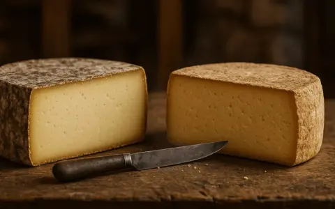 Deux belles tomes de fromage, coupées en deux, reposent sur une planche de bois. Un couteau ancien est posé entre elles.