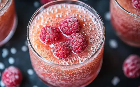 Verre de soupe de champagne pétillante, garni de framboises givrées. Un délice fruité et festif.