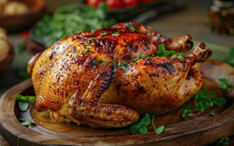 Un appétissant poulet au four, doré et croustillant, garni de persil frais sur un plateau en bois rustique.