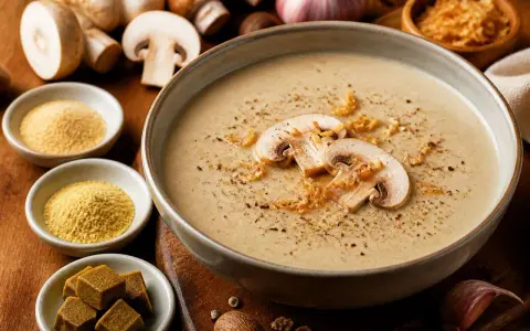 Un réconfortant velouté de champignon, garni de fines tranches et de croquant. Autour, des ingrédients frais et des cubes de bouillon promettent une saveur intense.