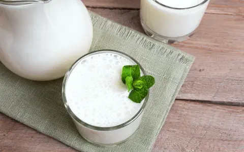 Un pichet et deux verres de lait fermenté, l'un garni de menthe fraîche. Une liste des yaourts fermentés à déguster.